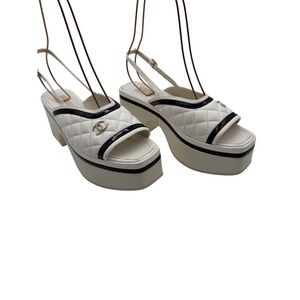 CHANEL White Lambskin Black Patent Quilted Platform Slingback Sandals Size 39